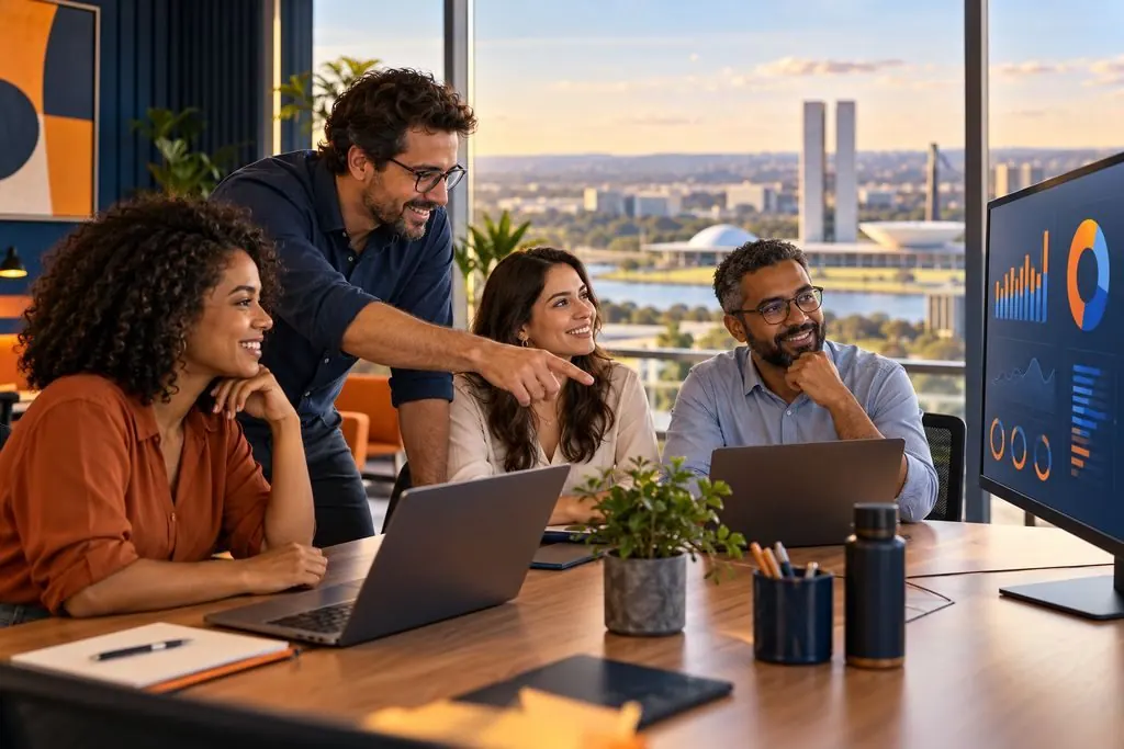 Equipe de uma empresa analisando indicadores em reunião