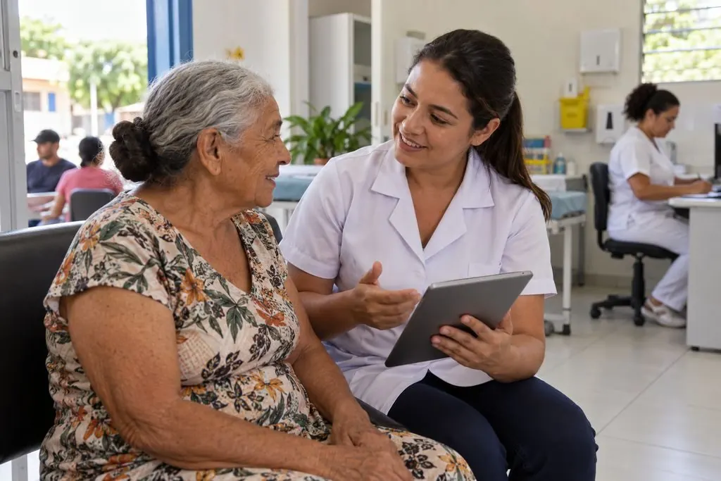 Agente de saúde com tablet conversando com uma paciente idosa em uma unidade básica de saúde