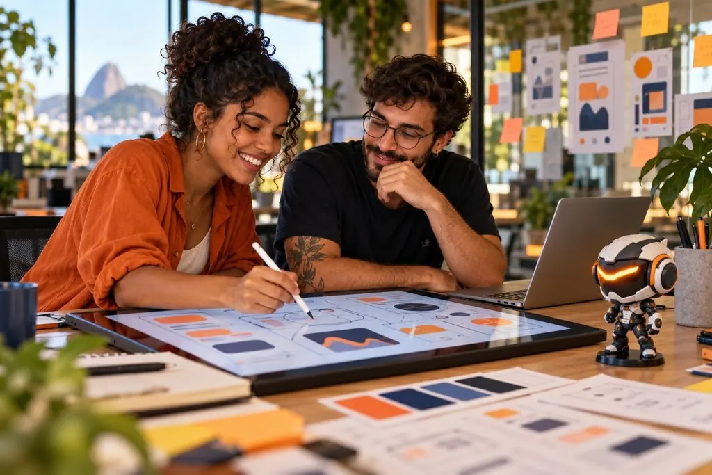 Dupla de designers criando a interface de um aplicativo, com o mascote HUX sobre a mesa